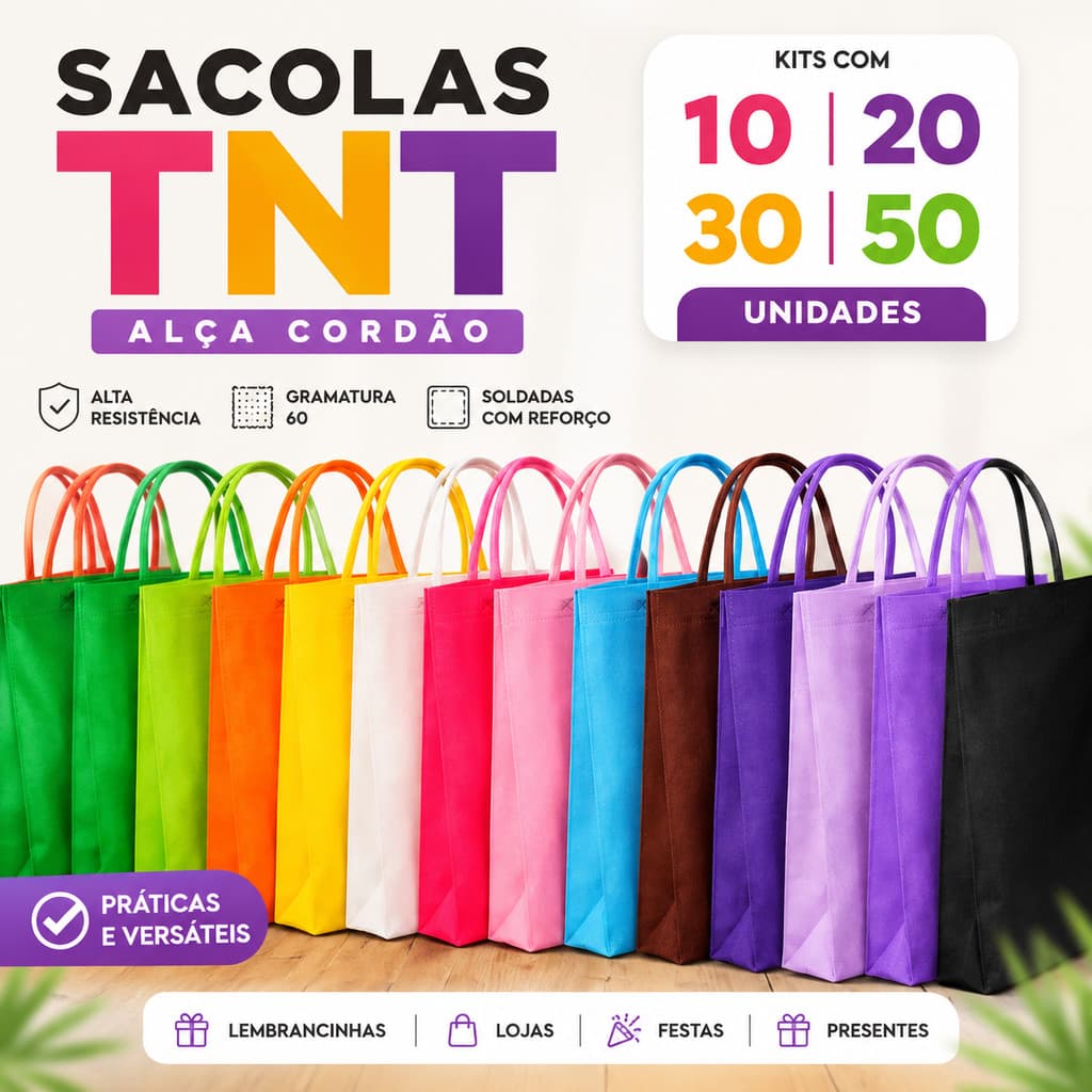 Kit 10/20/30/50 Sacola TNT 18x20 cm com alçca cordão, soldadas, de alta resistência com gramatura 60