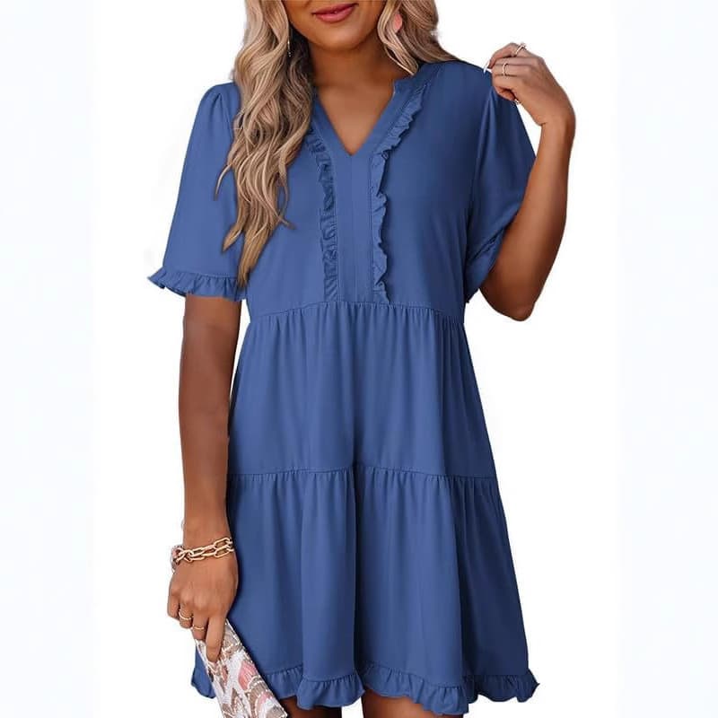 Vestido de babados de manga curta com decote em V em camadas grande saia de balanço feminino elástico de quatro lados 20