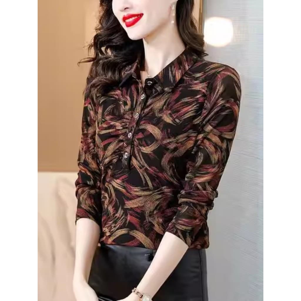 Mãe estilo ocidental impresso gaze camisa senhoras usar outono inverno camisa de manga comprida mais magro olhar velo Li
