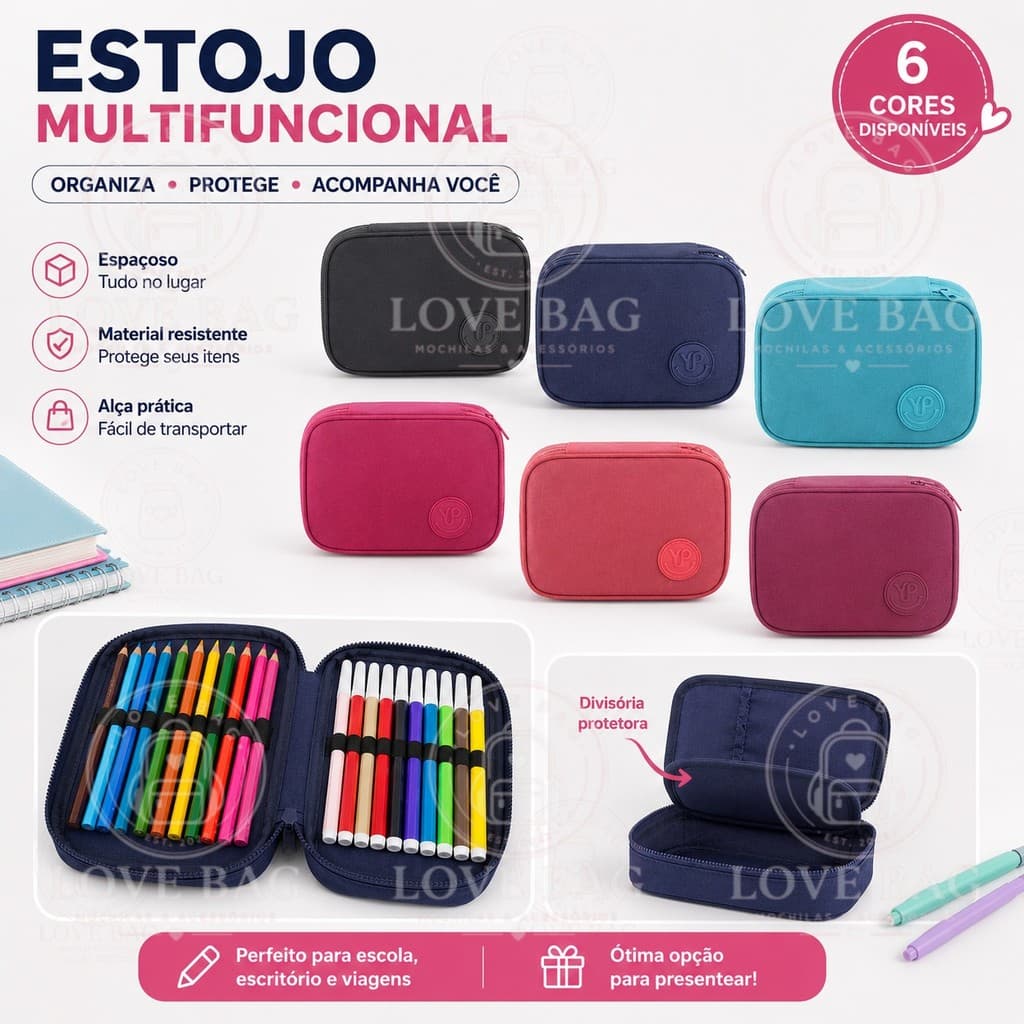Estojo Box Grande Nylon Espaçoso Multifuncional Organizador para Lápis Canetas e Material Escolar