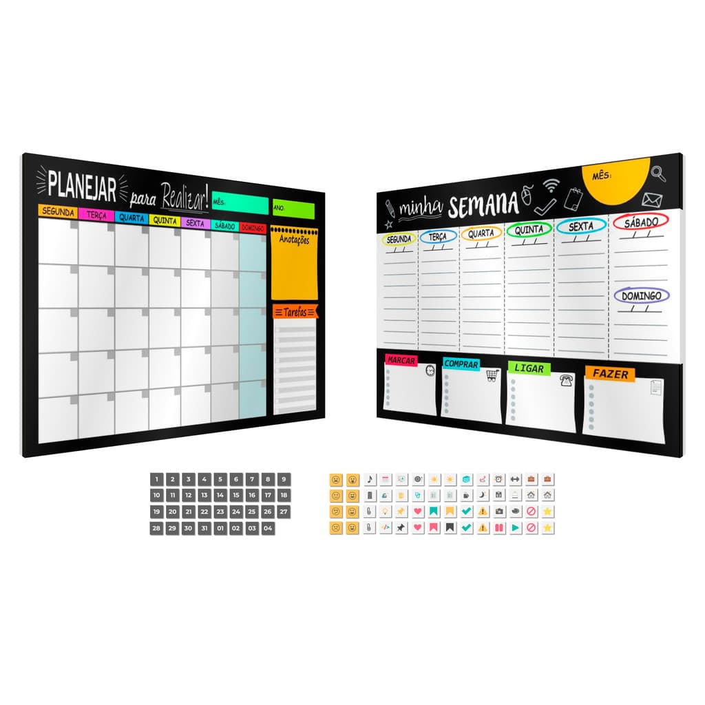 Lousa Planejador Mensal e Semanal 40x60cm Magnética com 91 Imãs e Recados