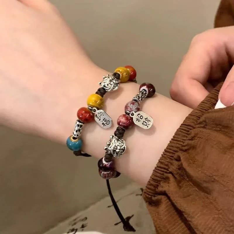 Nova Pulseira de Cerâmica Vintage Estilo Chinês com Contas, Cordão, Estilo Étnico Feminino, Moda Dança do Leão para Casa