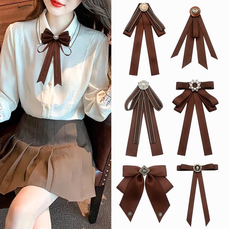 Versão coreana marrom literário gravata borboleta feminina cor sólida fita arco decote decoração estilo Preppy formatura