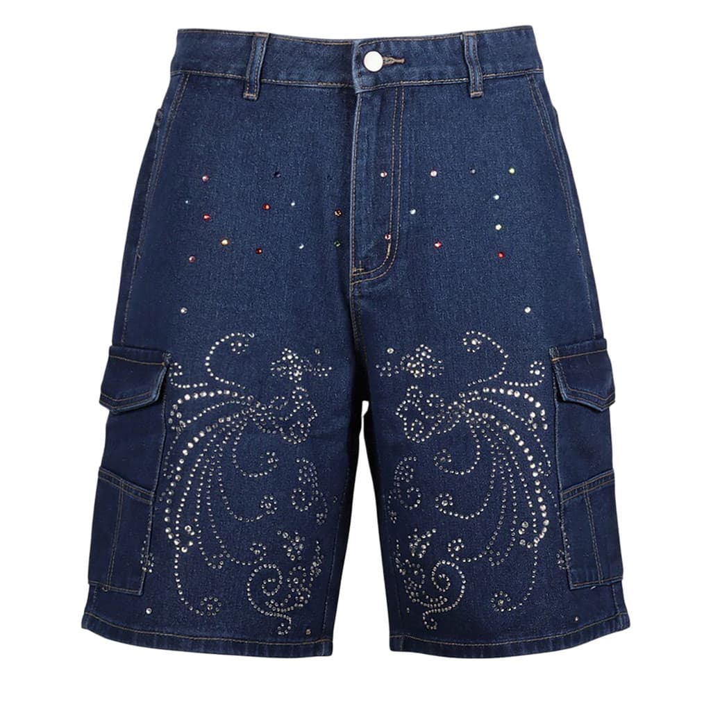 [Estilo mais vendido] Shorts jeans retrô West Coast Fruit Flower Hot Drilling Azul escuro Calças cortadas retas Street W