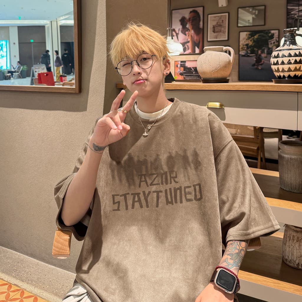 Retro pesado de manga curta camiseta masculina verão 2025 novo estilo americano street Wear High street solto camurça ca