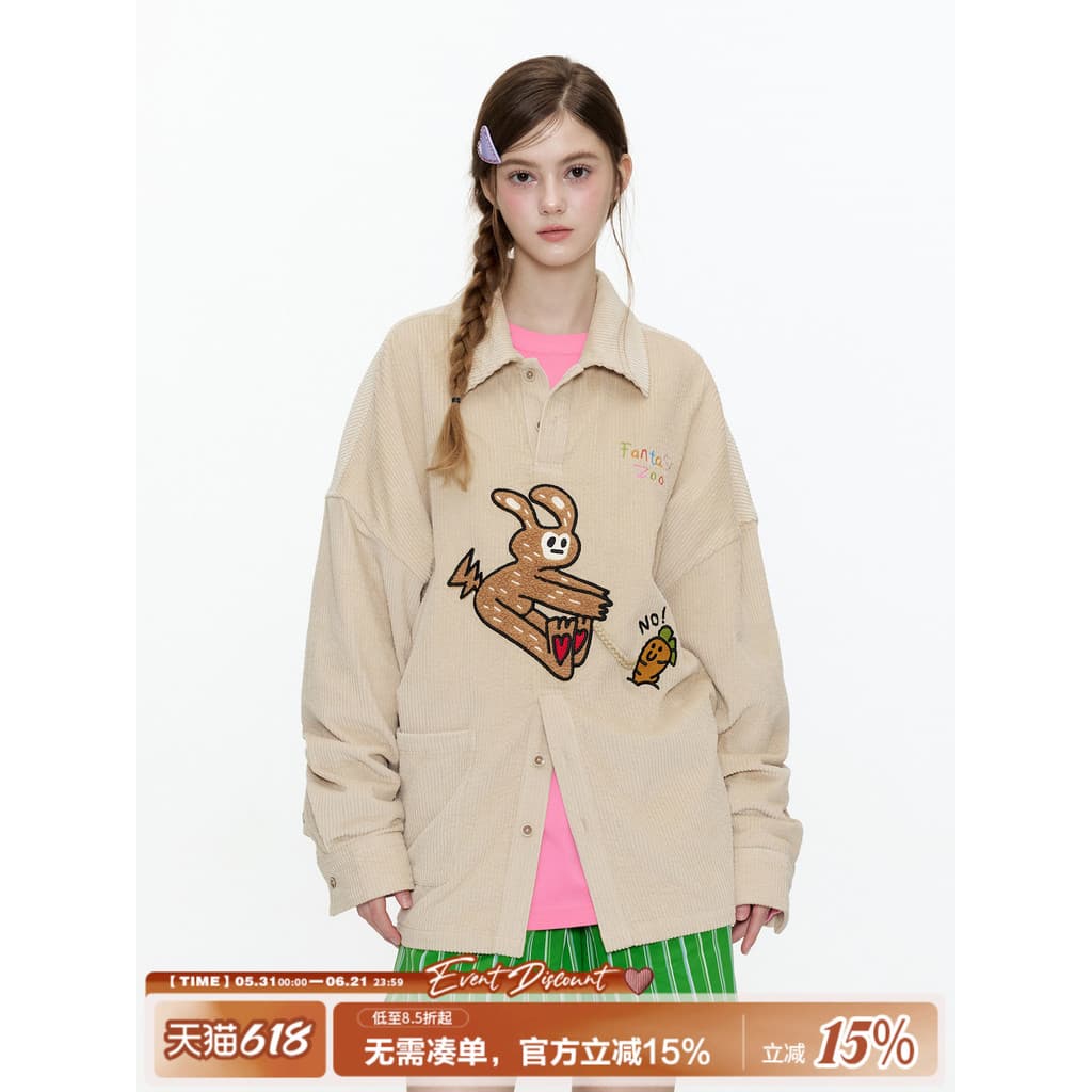Guuka Street Wear Retro veludo camisa de manga comprida feminina coelho bordado camisa POLO caído camisa de ombro jaquet