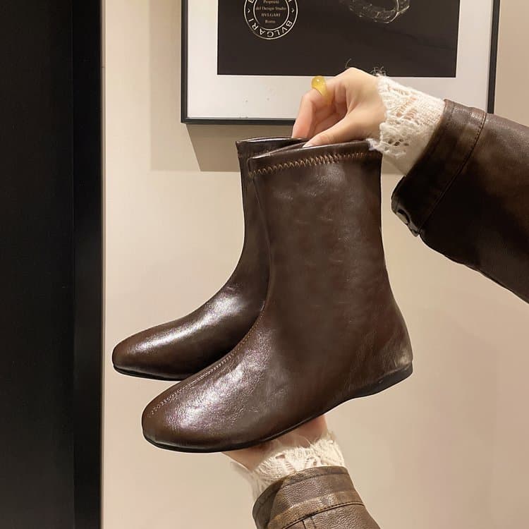 Botas Femininas de Bico Redondo, Botas Curtas Soltas, Estilo Retro Casual, Botas de Moda com Aumento de Altura, Tamanhos