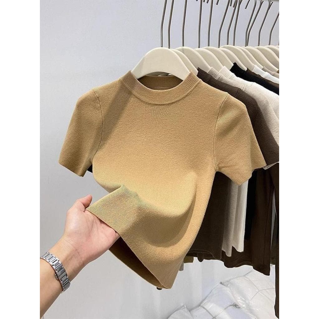 Meia gola alta camisola de manga curta feminina 2025 início do outono novo estilo elegante All-Match cintura alta curto