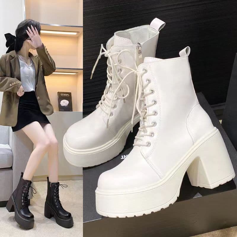 Botas Martin femininas de salto grosso com cadarço, bico redondo, botas curtas de sola grossa, botas femininas de couro