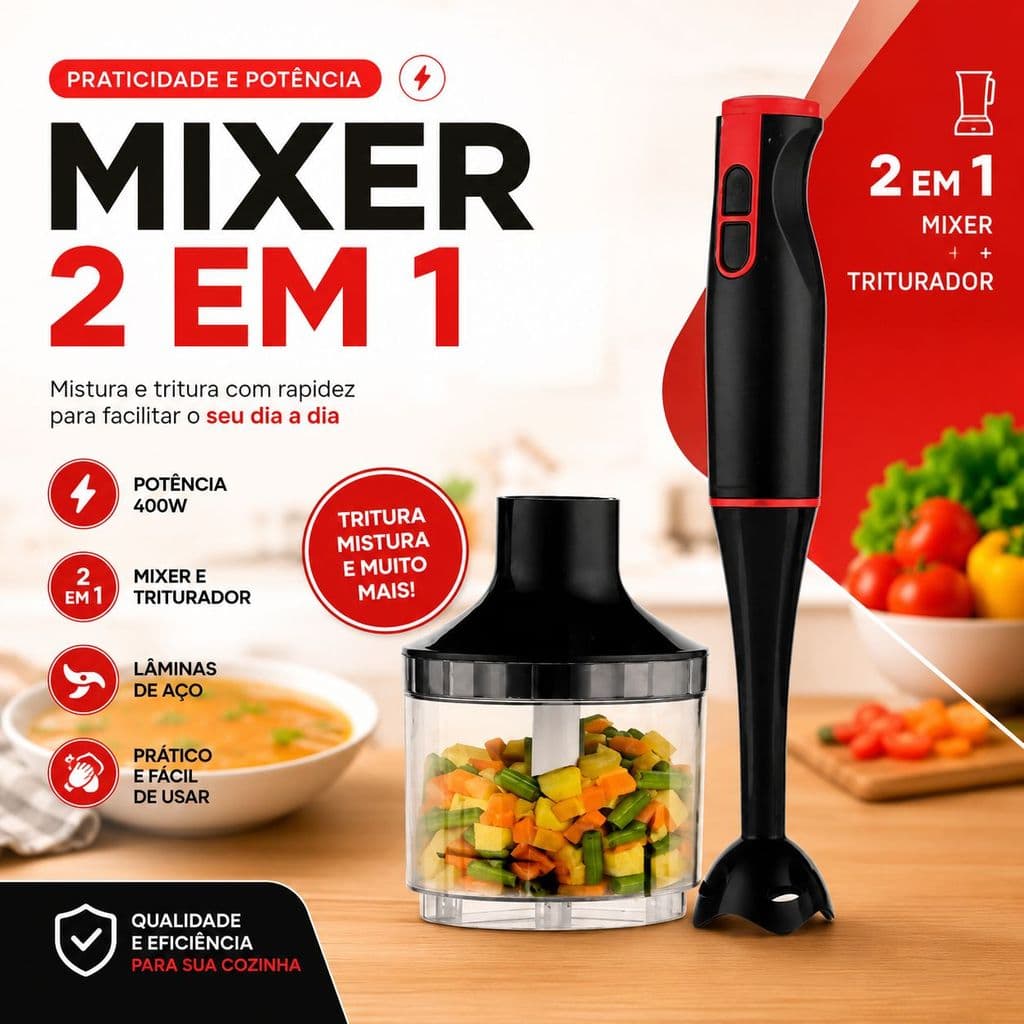 Mixer 2 em 1 de Mão Desmontável 400W com Lâminas de Aço 127V