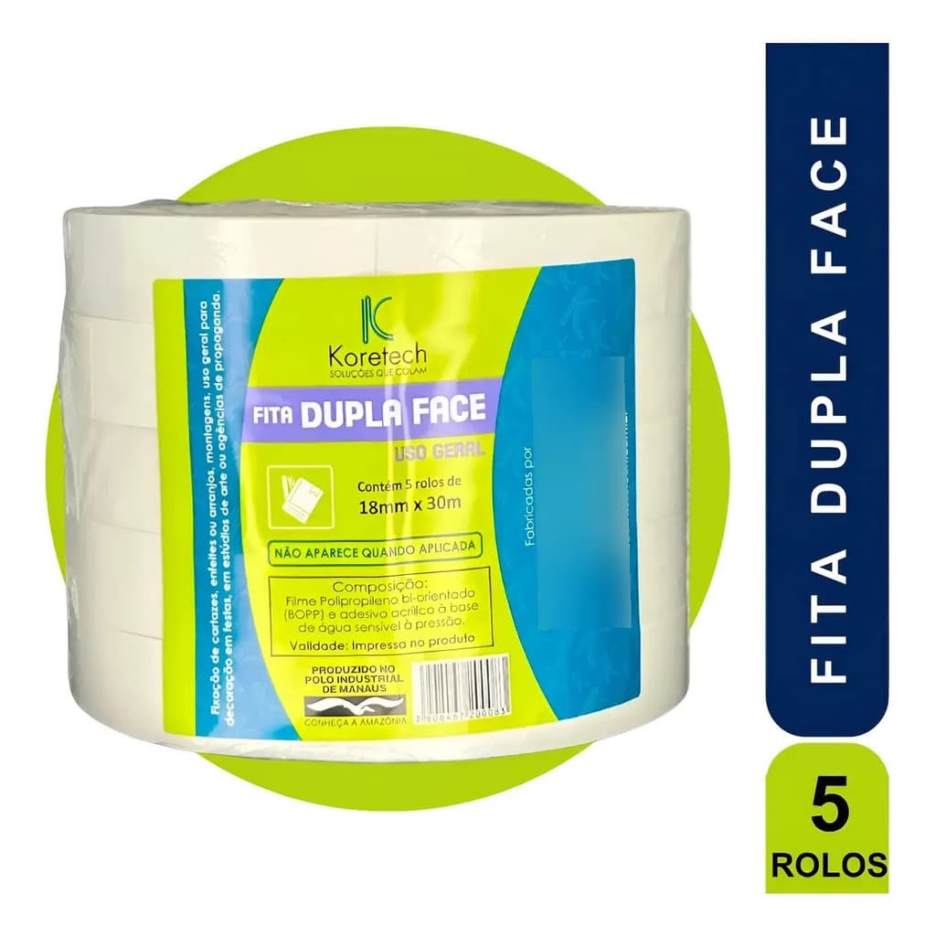 Fita Dupla Face Transparente 18x30 Koretech C/5 Alta Fixação