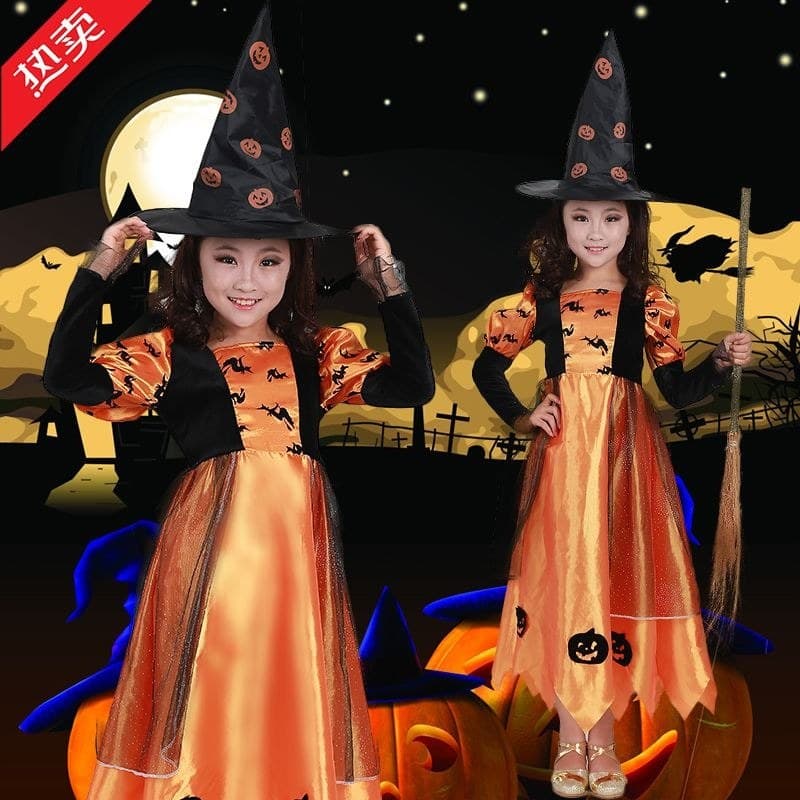 Fantasia infantil do Festival sagrado, fantasia de abóbora para meninas, fantasia de bruxa, fantasia de bola#圣节儿童服装女童南瓜服