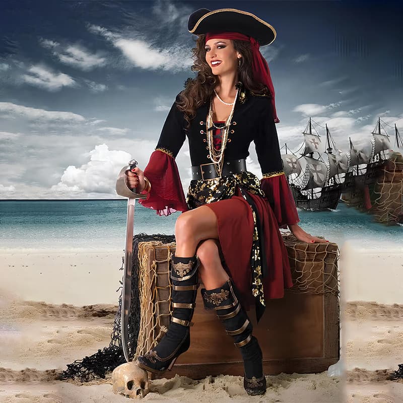 S-3XL traje de Halloween festa de máscaras pirata vermelho cos capitão Jack adulto feminino piratas do caribe mostrar 5A