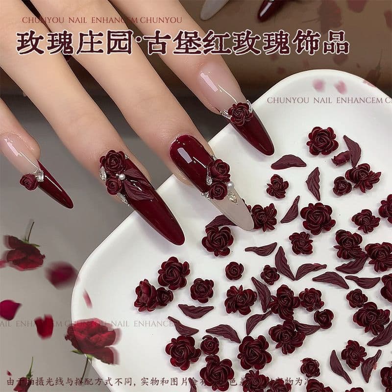 [11.000 pessoas coletaram] Arte de unhas esculpida em rosa vermelha estilo castelo, acessórios de Ano Novo em vermelho c