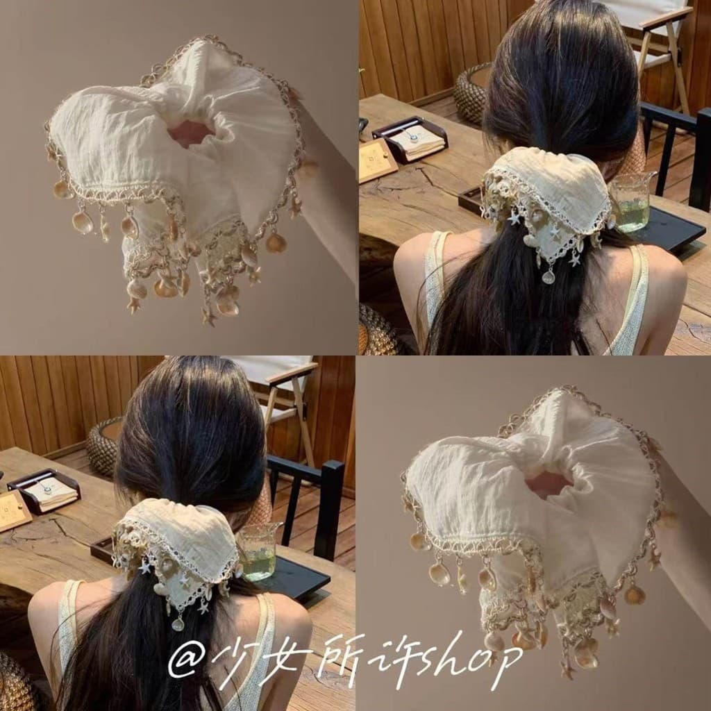 Promessa da menina à beira-mar férias estilo concha pingente renda Scrunchy laço de cabelo feminino laço de cabelo baixo