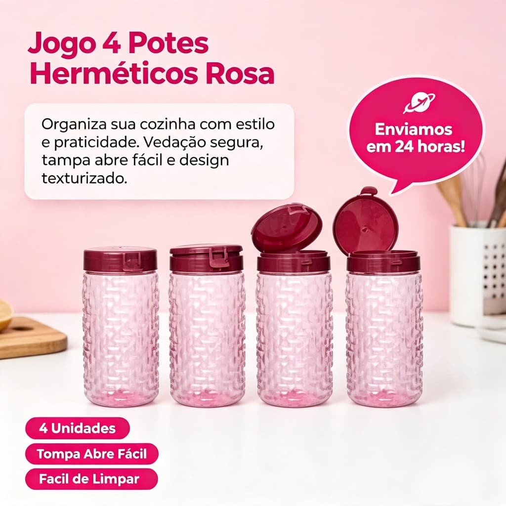 Jogo 4 Potes Herméticos Rosa Tampa Abre Fácil Organizador Cozinha