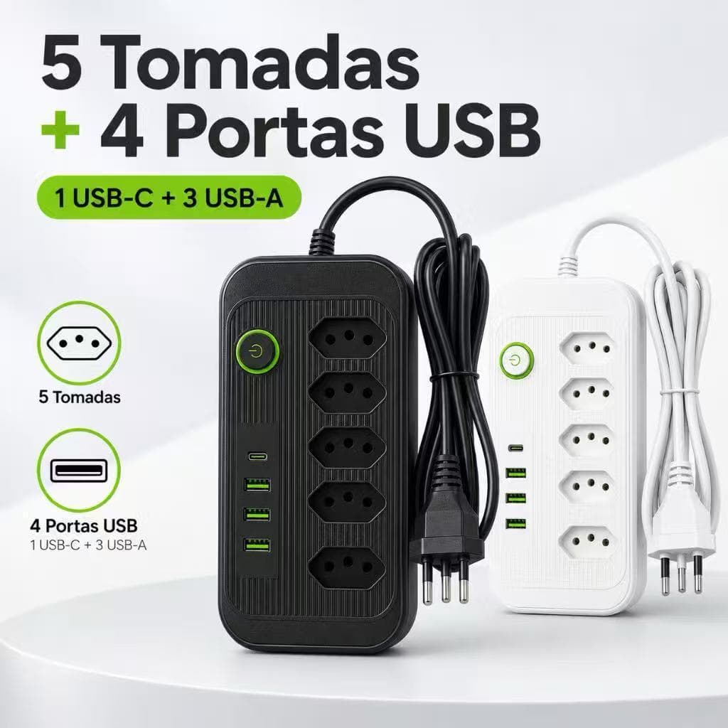 Extensão Filtro De Linha 2 Metros 5 Tomadas 4 Usb E Usb C Elétrica Universal 2200W