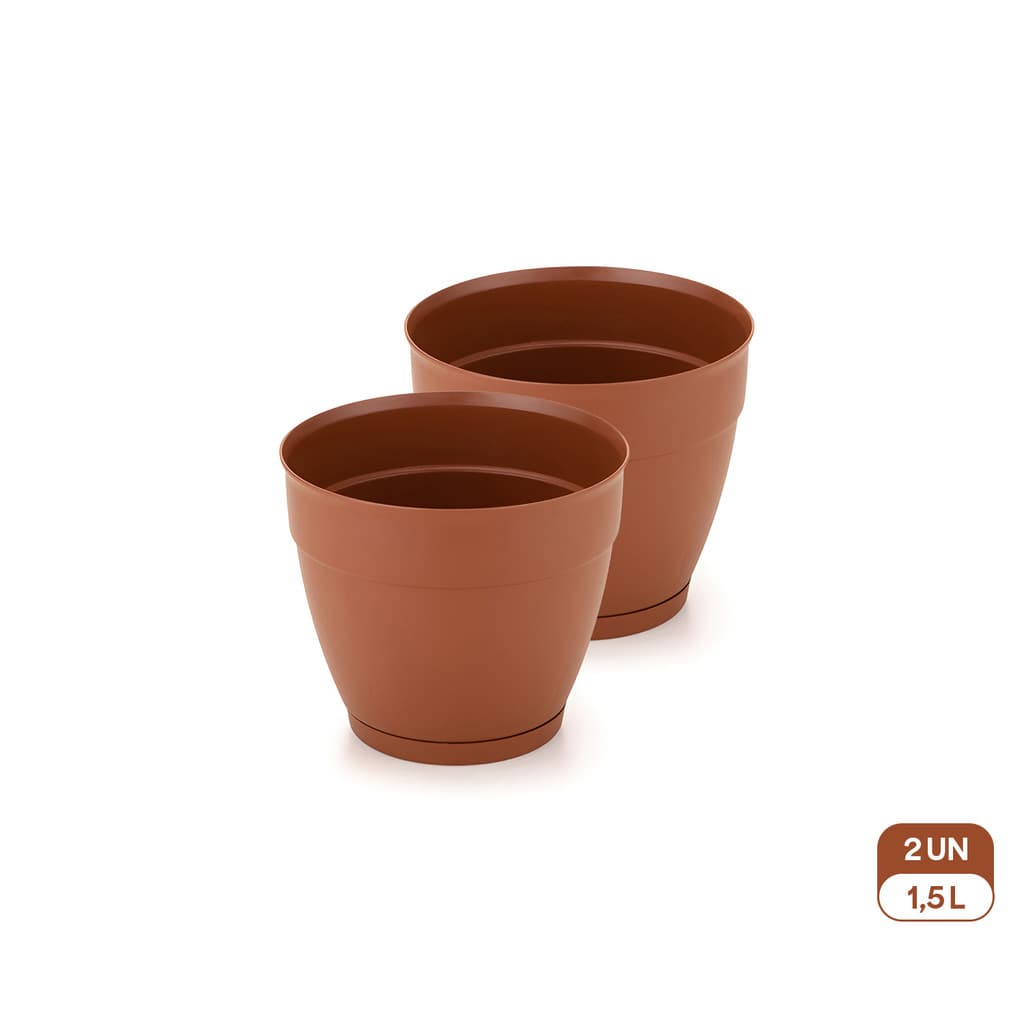 Kit 2 Vasos Redondos Pequeno 1,5L com Prato Anti-Dengue Plástico Resistente para Jardim e Varanda