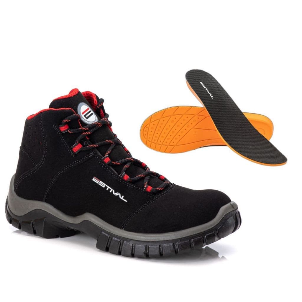 Bota De Segurança Estival Em Microfibra Confortável Preto e Vermelho Com Palmilha PU CA 44558