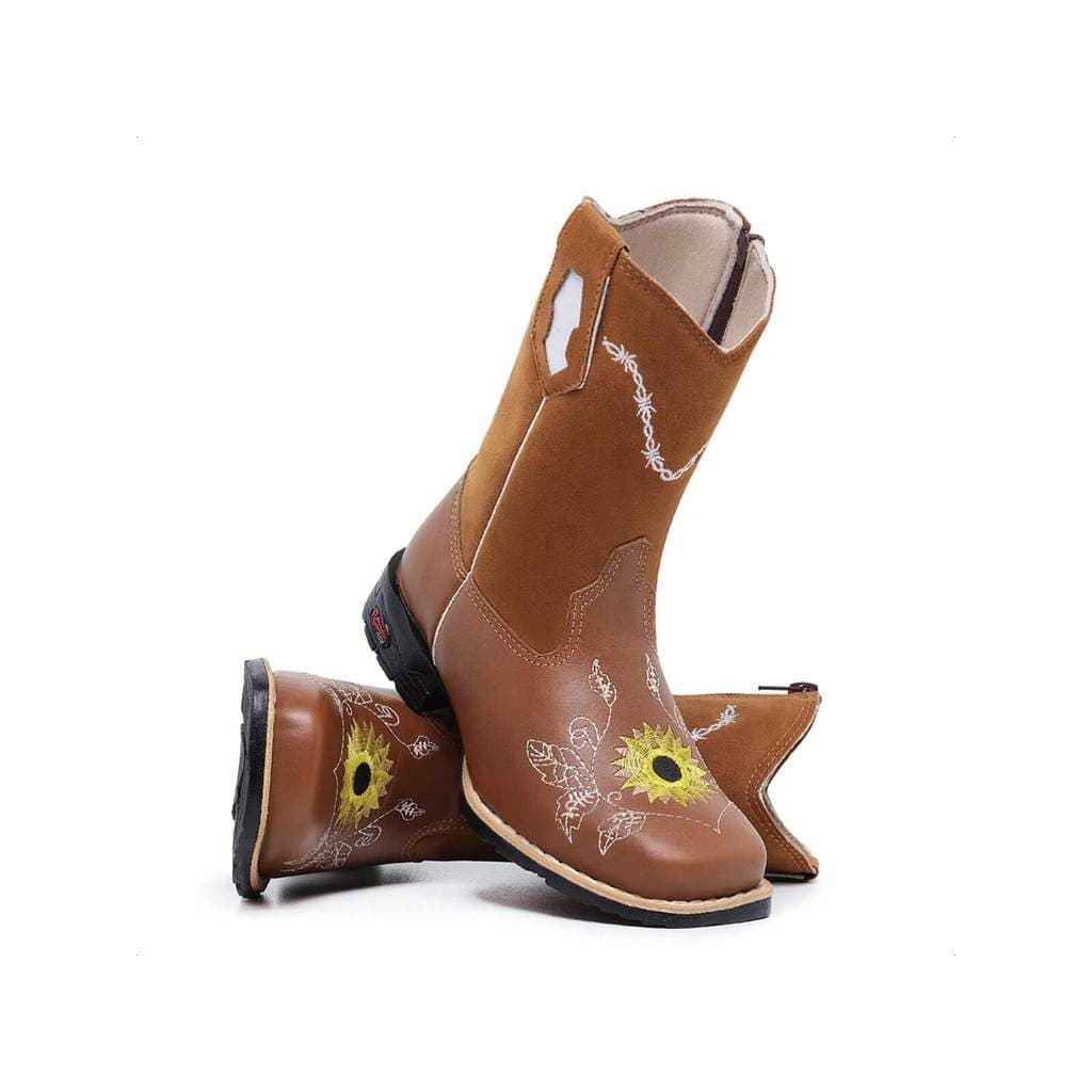 Bota Infantil Feminina Country Couro com Bordado de Girassol Confortável Estilosa Menina Boiadeira