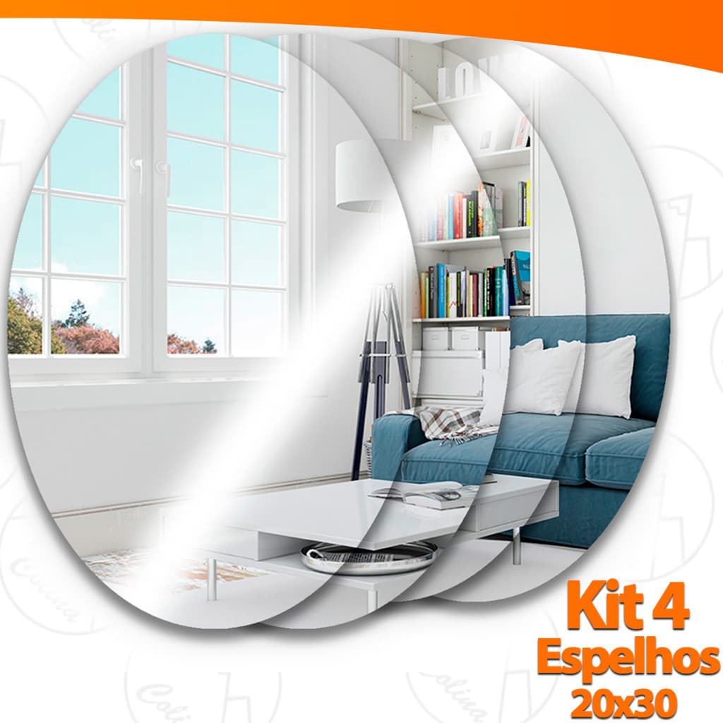 Kit 4 Espelho Adesivo Acrilico Oval 30x20cm Boa Nitidez Decorativo Sala Banheiro