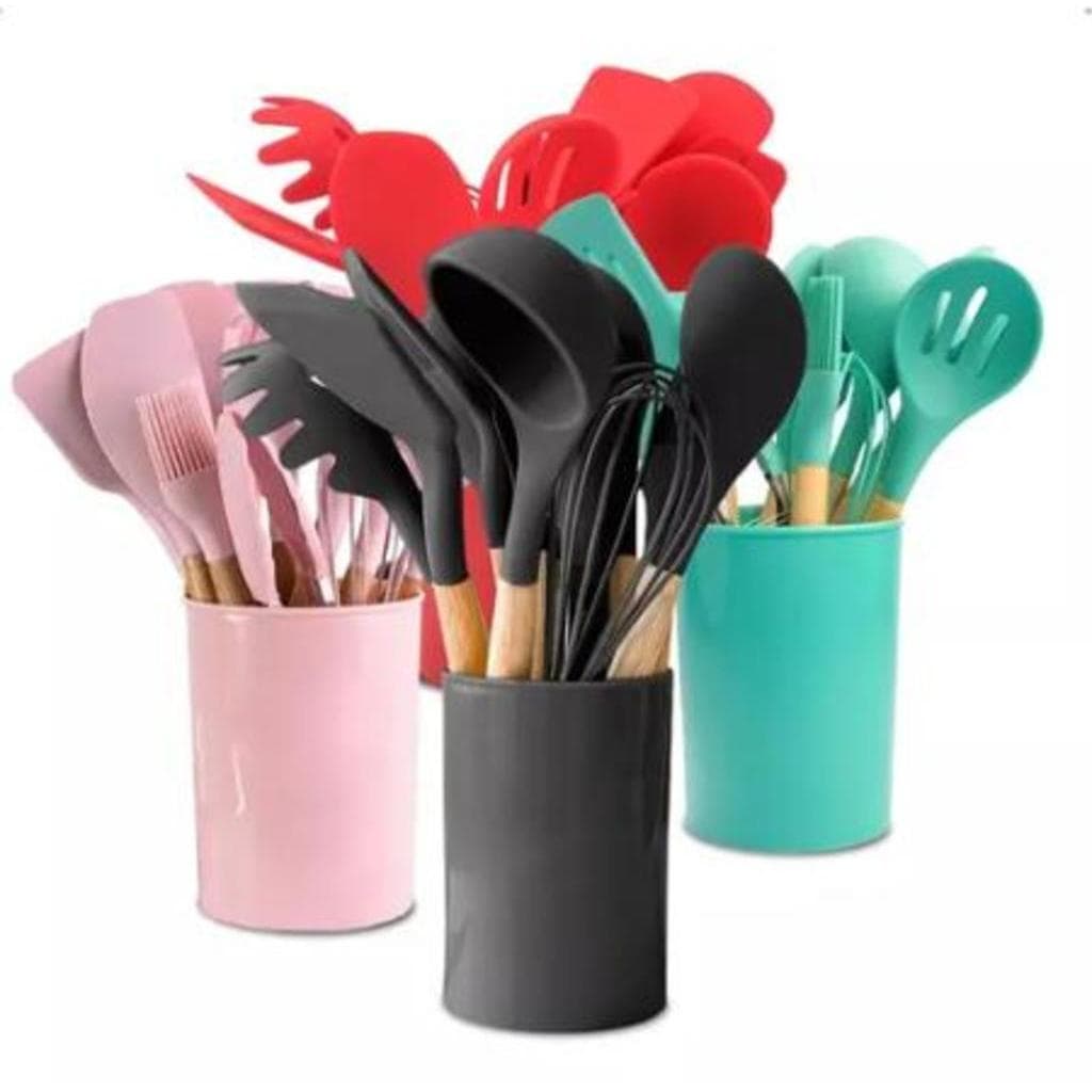 Kit 12 Utensílios de Cozinha Silicone - Cabo de Madeira - Livre de BPA #