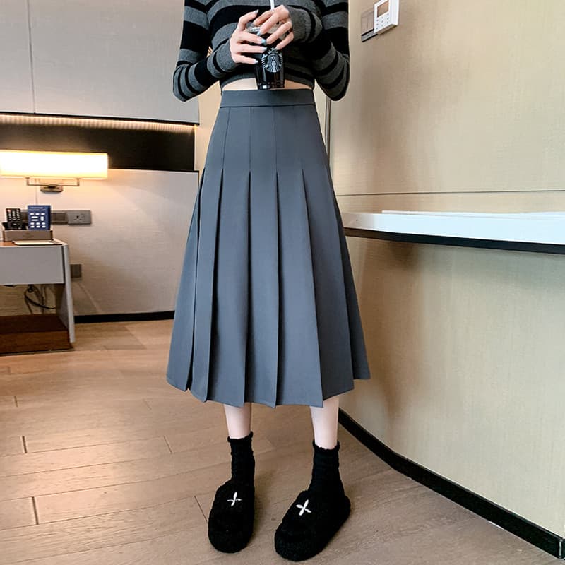 Saia feminina Retro cáqui outono inverno novo estilo temperamento solto cintura alta a linha terno de comprimento médio