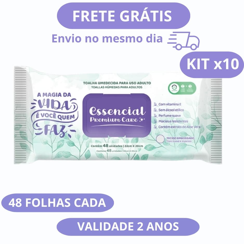Kit 10 Lenços Umedecido Adulto 48 Folhas Cada Essencial Care