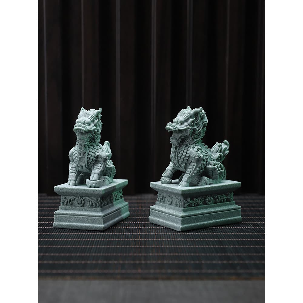 Kirin ornamentos par pedra cidade casa porta relógio Mini ornamentos Desktop sorte mítico besta azul arenito chá animal