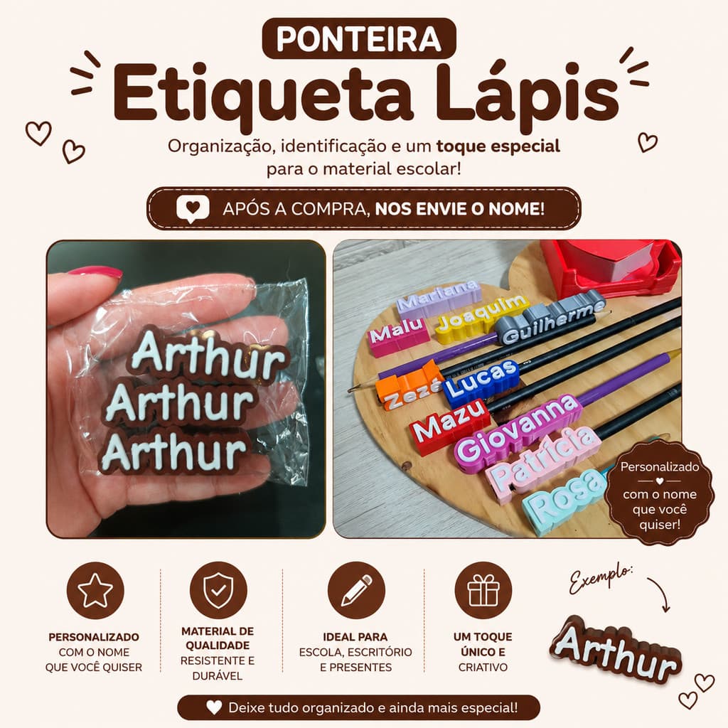 15 Ponteira Etiqueta Lapis Personalizada Nome 3D