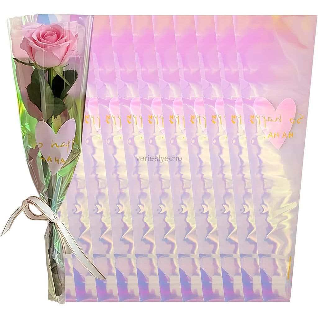 50 Pacotes De Sacos De Embrulho De Buquê De Flores Holográficas Mangas Florais Transparentes Impressão Em Formato De Cor