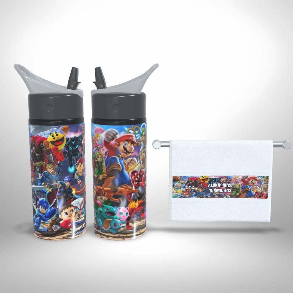 Kit Escolar Squeeze e Toalinha - Super Smash Bros Ultimate Mural