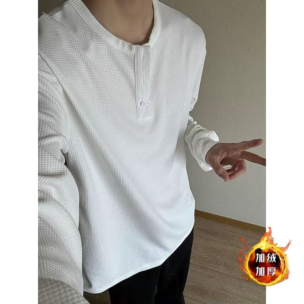 Cinza Henry colarinho de manga comprida camiseta masculina primavera outono americano Waffle solto Casual camisa de fund