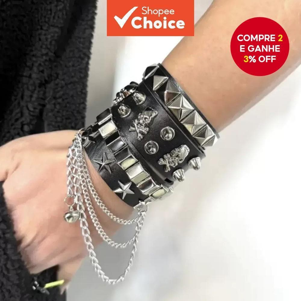 Conjunto De Pulseira De Couro Gótico Punk 3 Peças Rebite De Corrente Preta Ajustável Unissex