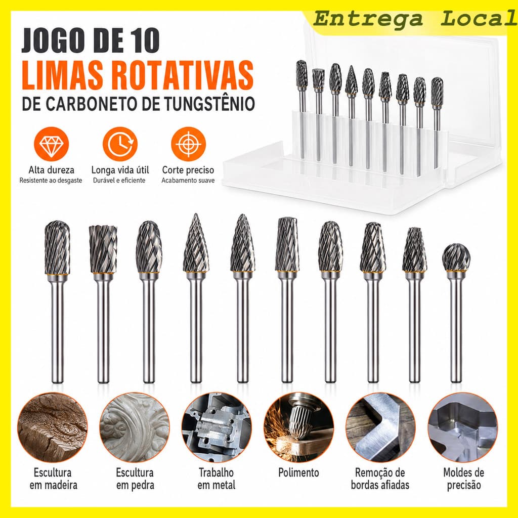 Kit 10 Limas Rotativas Carbeto Tungstênio Haste 1/8 para Dremel Furadeira Retífica