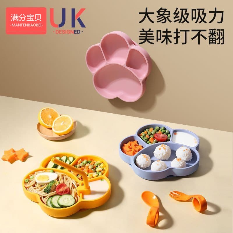 Kit talher silicone bebê Prato infantil com ventosa Tigela bebê alimentação complementar Compartimento para prato de jan