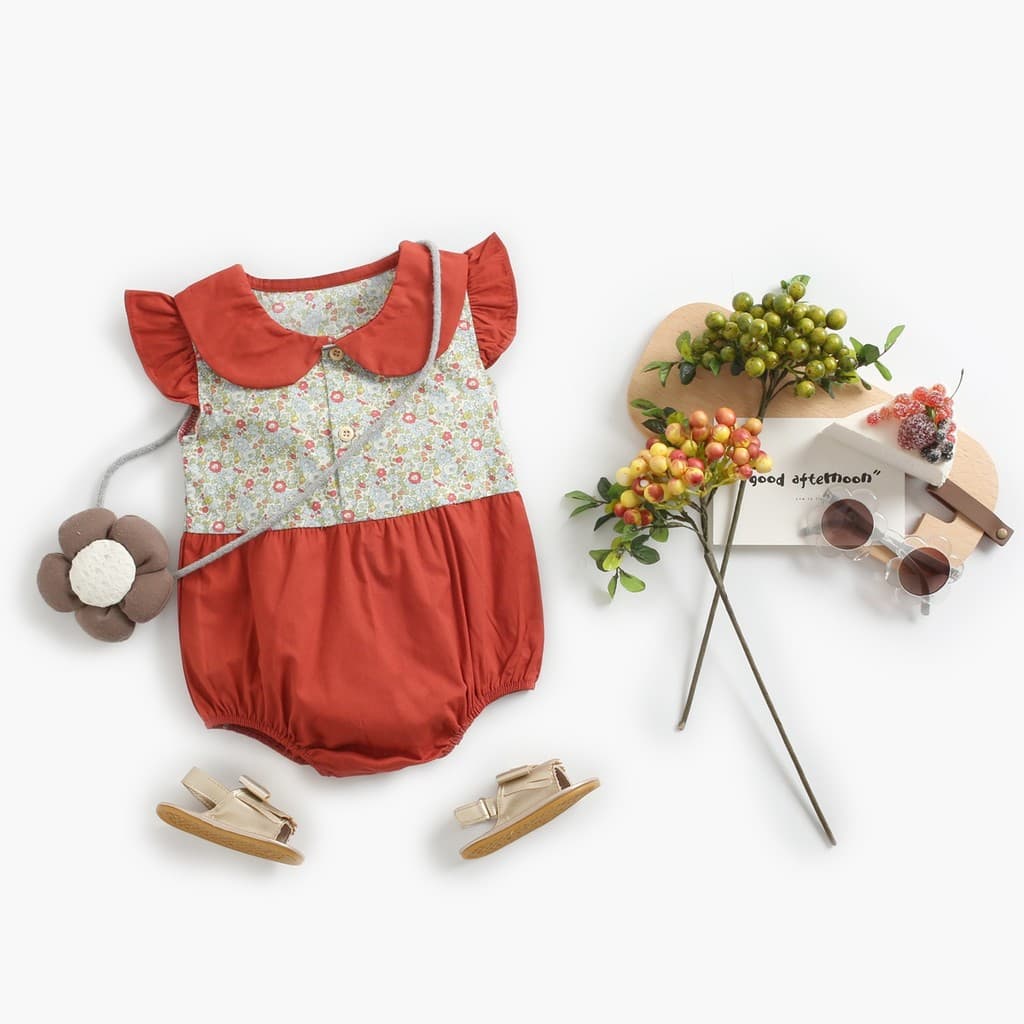 Primavera verão bebê macacão de manga curta Floral cor combinando roupas da menina do bebê puro algodão princesa macacão