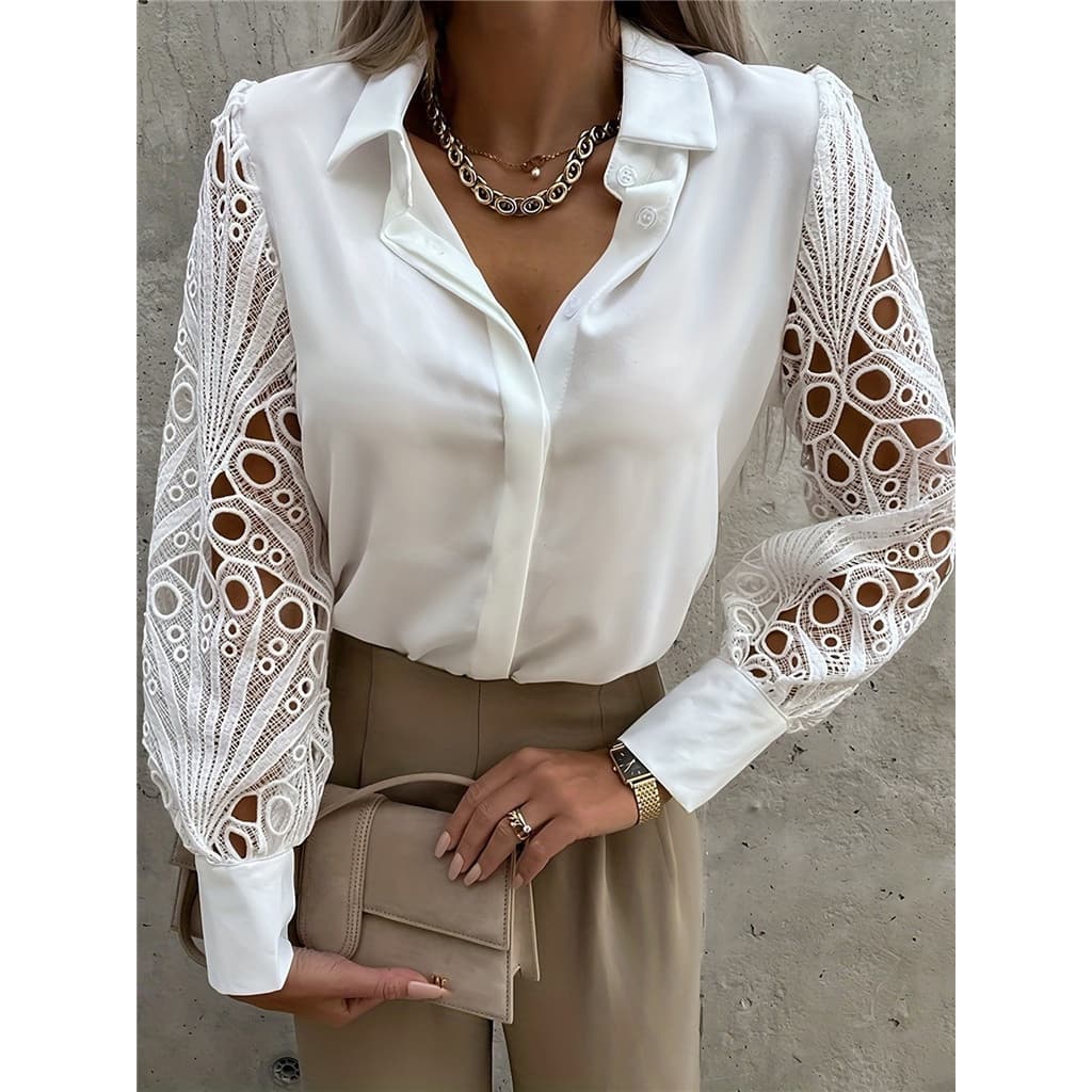 Camisas de Renda Branca de Manga Longa para Mulheres, Primavera 2023, Blusas e Tops Elegantes para Escritório A8GT L6OI