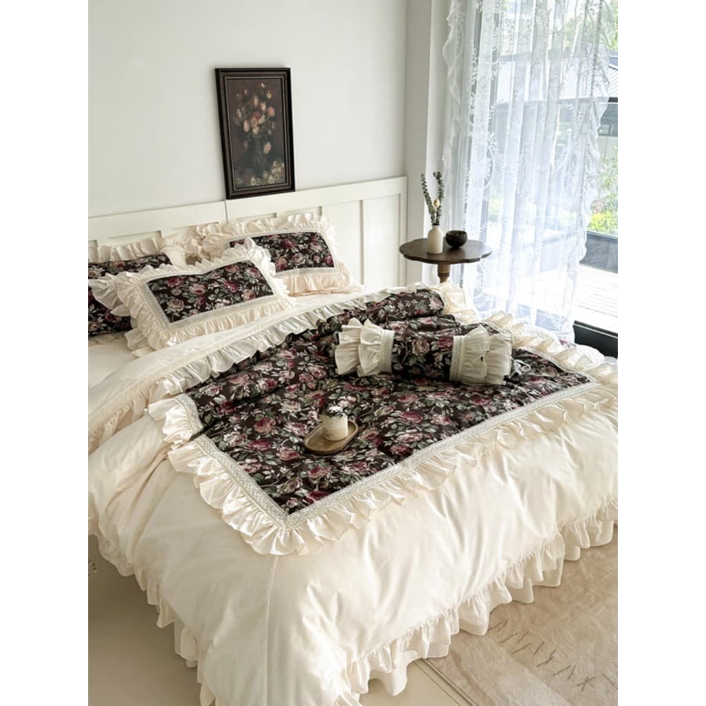 Conjunto de quatro peças de algodão puro algodão luxo babados colcha capa estilo princesa francesa saia de cama amigável