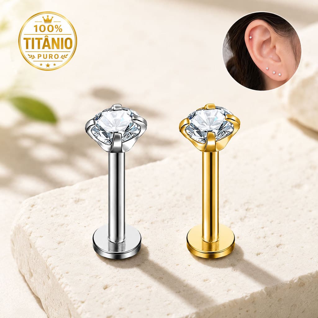 Piercing Labret Ponto de Luz em Titânio com Zircônia 1,2x8mm para Hélix, Tragus e Conch