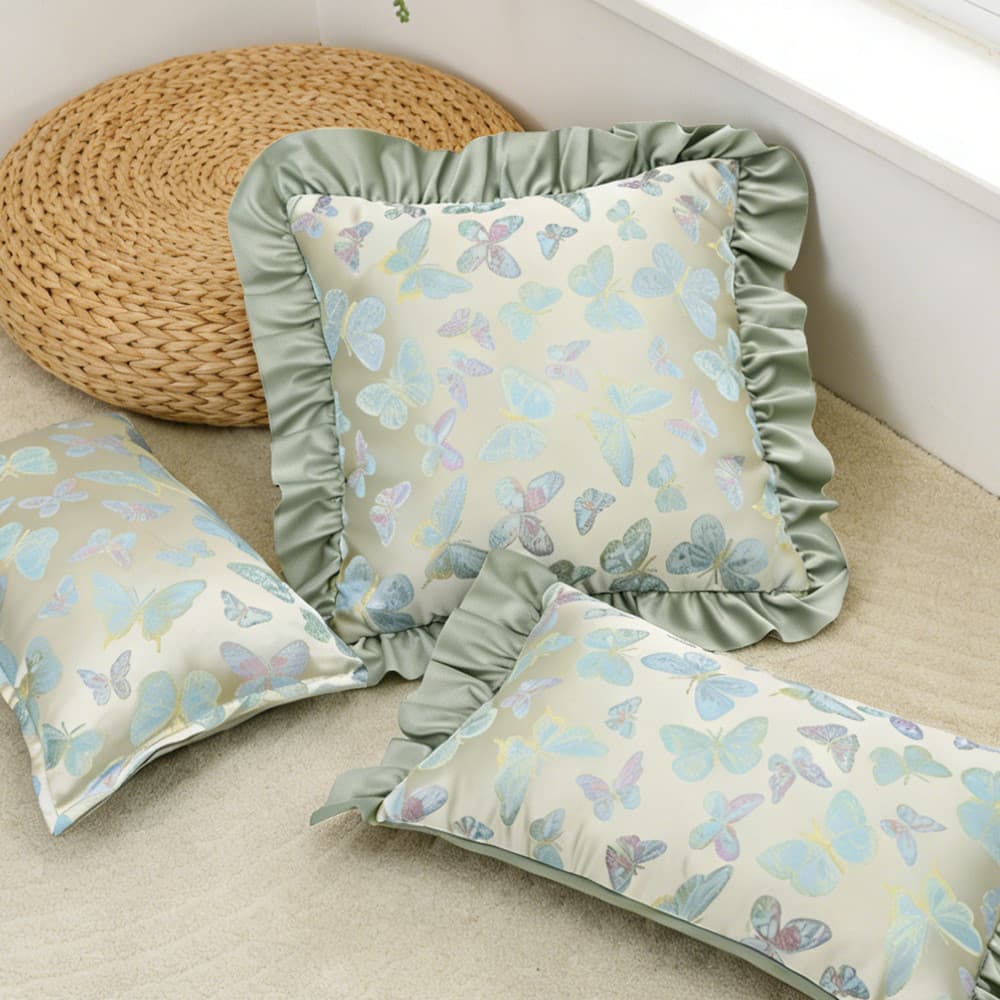 Decoração da sala de estar Nordic ins pequena fronha fresca borboleta Jacquard verde babados saia travesseiro sala estar