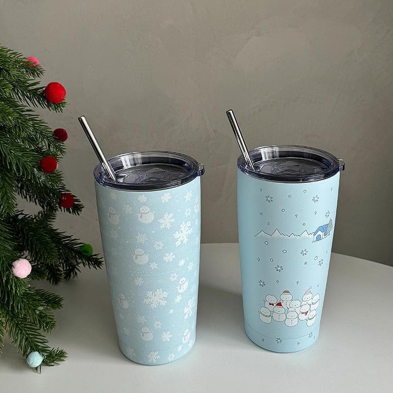 Original bonito pilha de boneco de neve com canudos 304 aço inoxidável grande capacidade portátil palha copo térmico cop