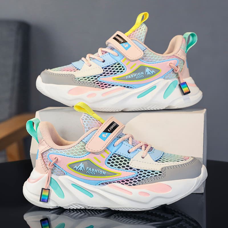 Meninas sapatos primavera novo estilo malha respirável novo estilo meninas papai sapatos médio grande crianças tênis de
