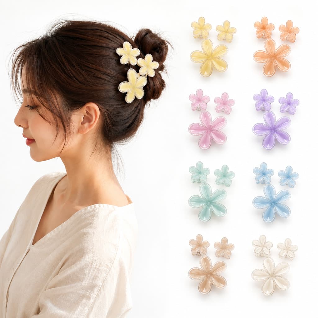Presilha de Cabelo Flor Acrílica 3 Peças Furta-Cor Várias Cores Delicada