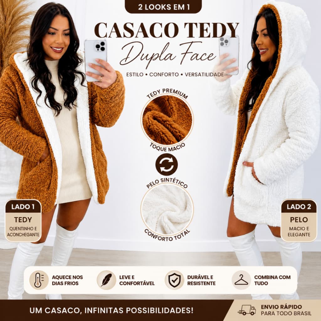 Casaco Teddy Sherpa Feminino Dupla Face com Capuz Peluciado Inverno Quentinho Aberto com Bolsos