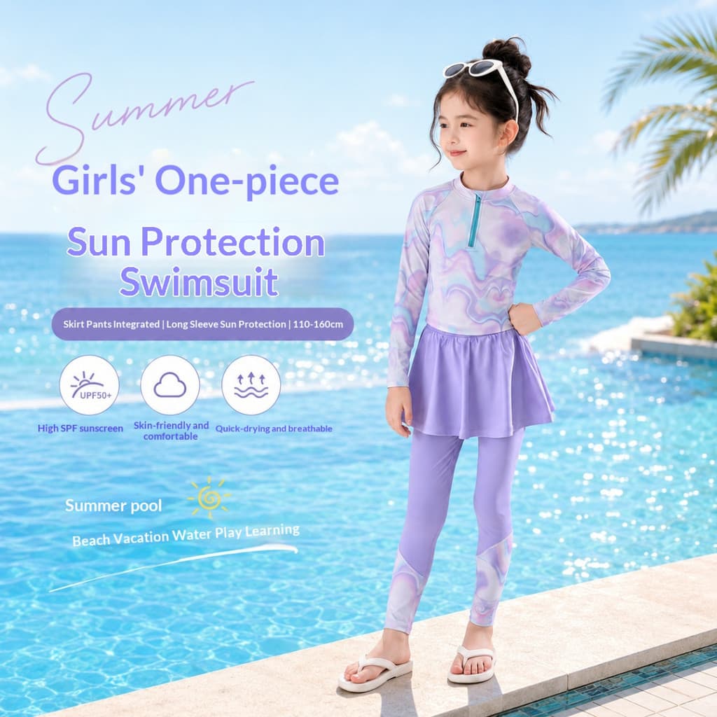 Maiô Infantil Com Proteção UV Roxo | Protetor Solar De Secagem Rápida De Manga Comprida Parte Inferior Da Saia