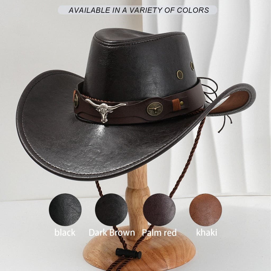 Masculino feminino estilo ocidental couro do plutônio chapéu de Cowboy moda Metal tridimensional cabeça de touro Retro c
