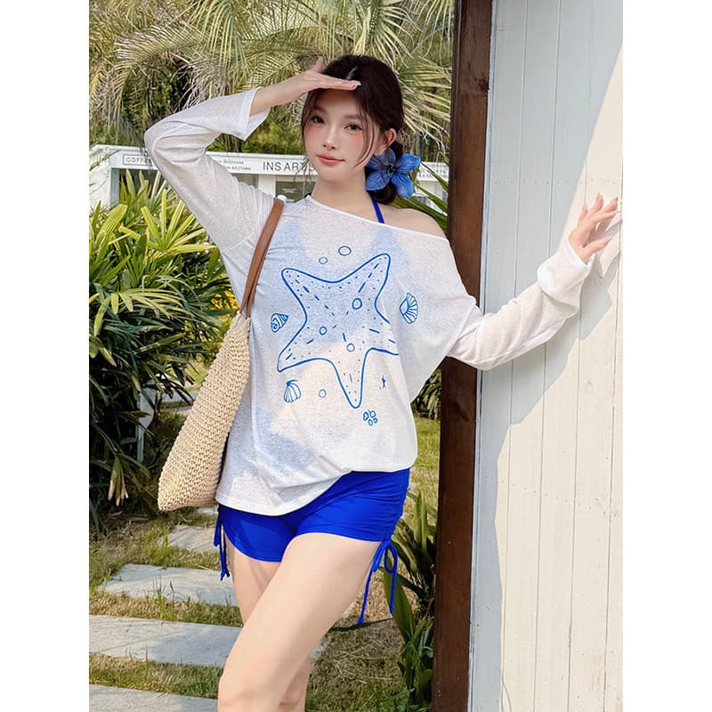 Estilo de férias estrela do mar impresso protetor solar blusa feminina manga comprida solta estilo preguiçoso terno de t
