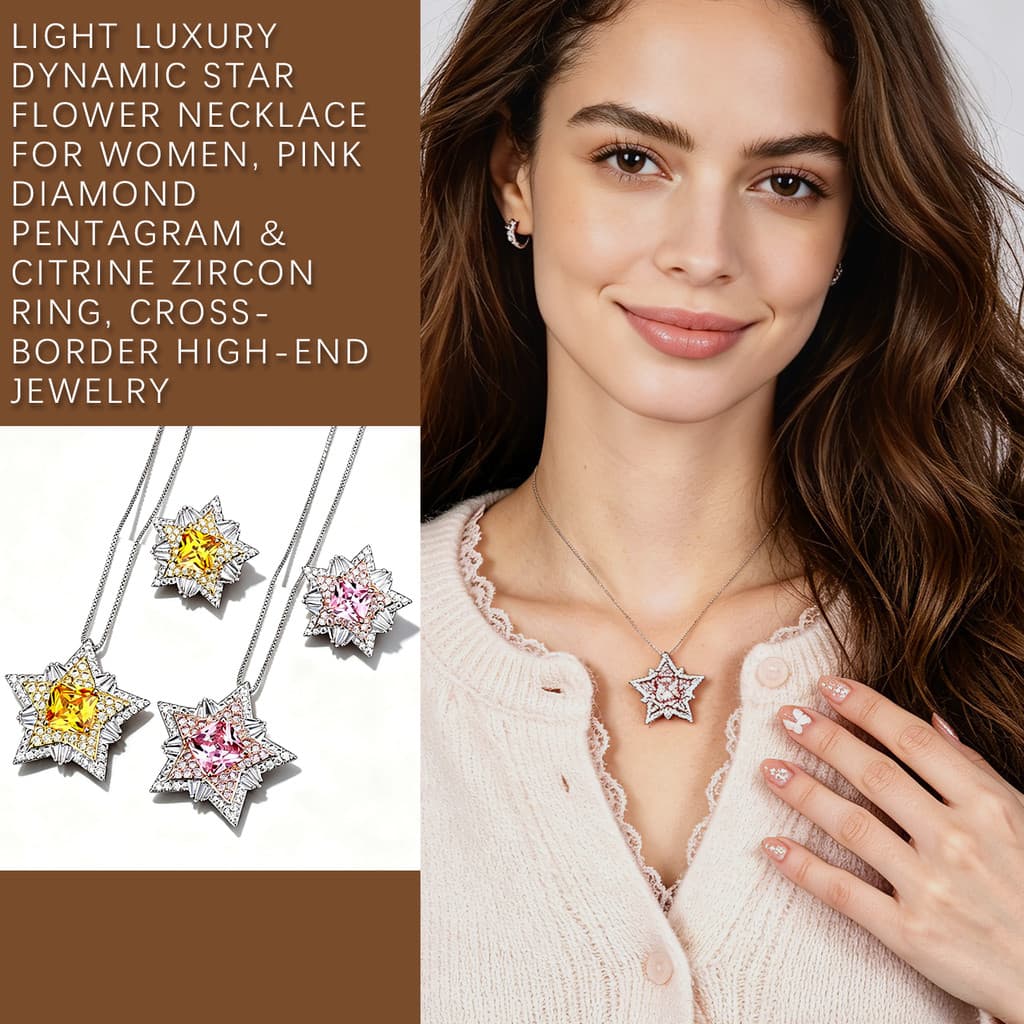 Colar de Flor Estrelado Luxuoso, Anel de Diamante Rosa e Citrino com Zircão, Joias de Alta Qualidade para Mulheres