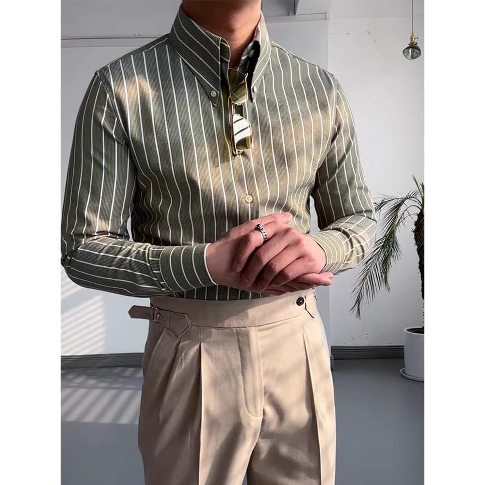 Camisa listrada masculina Casual de manga comprida, camisa retrô italiana com botão, gola longa e pontiaguda, elegante,